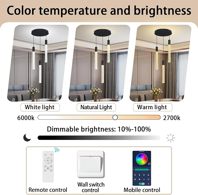 3-Lights Pendant Lights Modern LED Kitchen Island Chandelier Remote Dimmable Bubble Crystal Pendant Light Black Corner Fixture for Dining Room Living Room Foyer