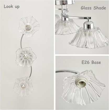 Semi Flush Mount Ceiling Light Fixture,3 Lights Modern Glass Shade Chandelier, Mini Ceiling Fixture for Entryway, Kitchen, Bedroom, Silver
