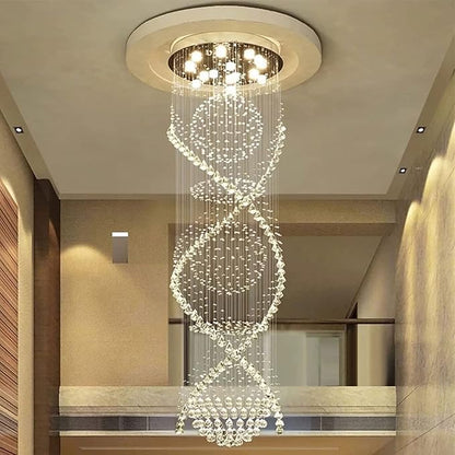 7PM Chandelier for Staircase, Crystal Foyer Chandelier High Ceiling, Modern Raindrop Chandeliers Flush Mount Ceiling Light Fixture for Spiral Staircase, Foyer, Entryway, High Ceiling W25.6 X H 98.4"