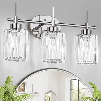 Modern Crystal Bathroom Vanity Light, 3-Light Chrome Vanity Light with Clear K9 Crystal Shades, Bathroom Light Fixtures Over Mirror (Bulbs Not Included)