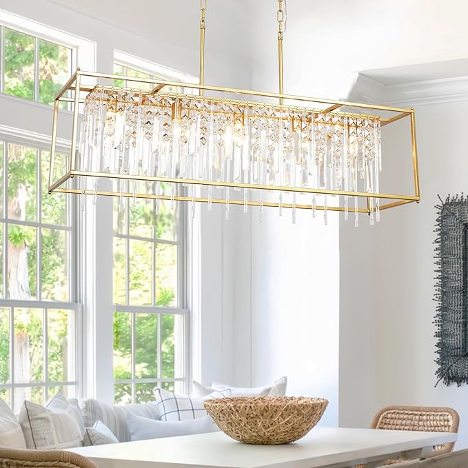 Modern Crystal Chandelier, Gold Rectangular Crystal Chandelier for Dining Room, 40" Top K9 Luxury Rectangle Farmhouse Light Fixture for Living Room, Kitchen Island L40xW12xH11
