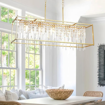 Modern Crystal Chandelier, Gold Rectangular Crystal Chandelier for Dining Room, 40" Top K9 Luxury Rectangle Farmhouse Light Fixture for Living Room, Kitchen Island L40xW12xH11