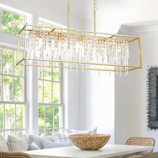Modern Crystal Chandelier, Gold Rectangular Crystal Chandelier for Dining Room, 40" Top K9 Luxury Rectangle Farmhouse Light Fixture for Living Room, Kitchen Island L40xW12xH11