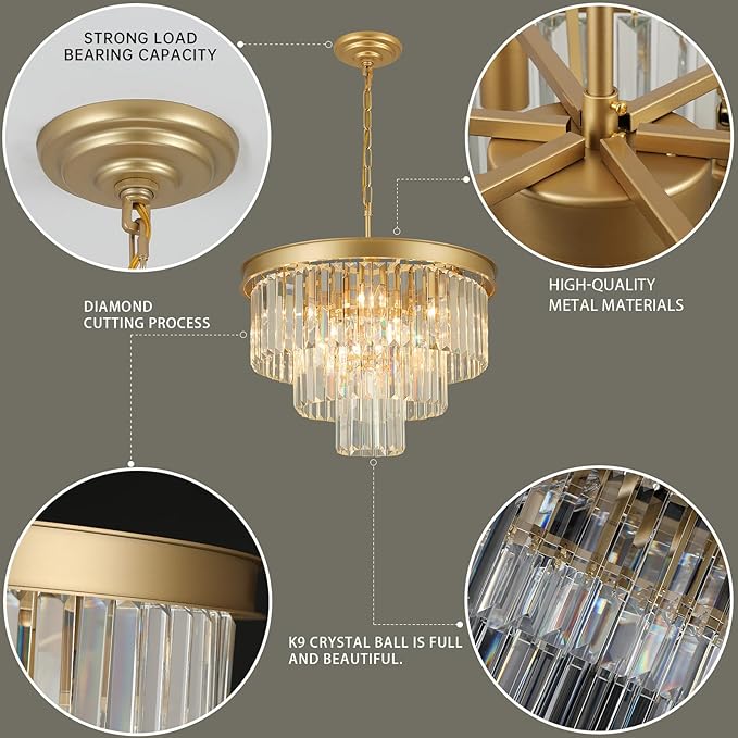 Weesalife Crystal Chandeliers for Dining Room Lights Fixtures, 9 Lights Gold Modern Chandeliers for Bedroom, 3-Tier Round Crystal Lighting Fixtures for Living Room Entryway Kitchen Island D20 Inch