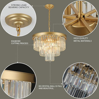 Weesalife Crystal Chandeliers for Dining Room Lights Fixtures, 9 Lights Gold Modern Chandeliers for Bedroom, 3-Tier Round Crystal Lighting Fixtures for Living Room Entryway Kitchen Island D20 Inch