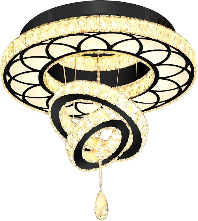 Flashing God Dia 20" Modern Crystal Chandelier Flush Mount Chandeliers LED Dimmable Bedroom Chandelier Crystal Ceiling Light for Dining Room Living Room Foyer Black