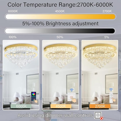 Dia 24" Modern Crystal Chandeliers for Dining Room,Gold Raindrop Chandelier Flush Mount Chandeliers for Living Room Bedrooms Dining Room Dimmable 2700k 4500k 6000k