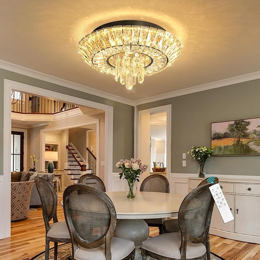 Crystal Chandelier 25W Modern Round Ceiling Light Fixture LED Raindrop Chandeliers Dimmable with Remote for Dining Room Living Room Entryway Hallway Bedroom Black