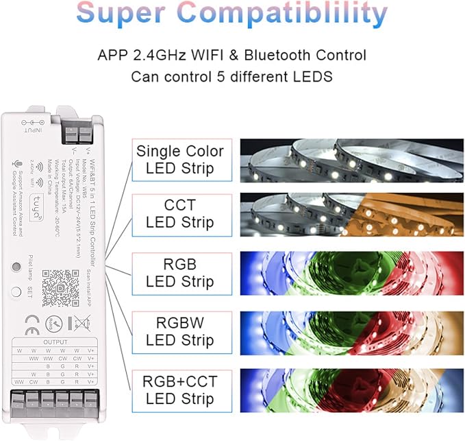 5 in1 WB5 2.4GHz WiFi PWM LED Controller Compatible with Alexa/Google Home/Tuya Smart Life APP Control for Dimming CCT RGB RGBCCT RGBW LED Strip Match WR01RF WR02RF etc RF Remote