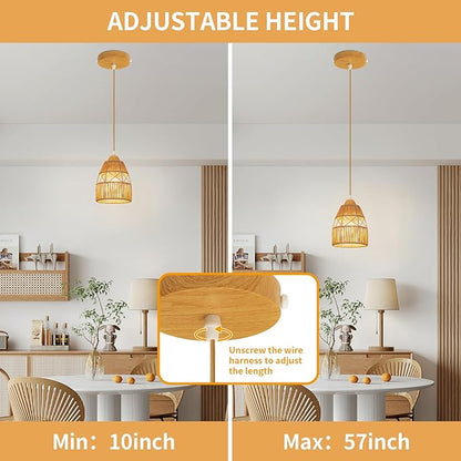 3 Pack Boho Rattan Pendant Light Kitchen Island,Farmhouse Chandeliers Adjustable Height Hanging lamp for Dining Room,Small Kitchen Ceiling Lights Fixtures with Woven Wicker Lampshade Lighting