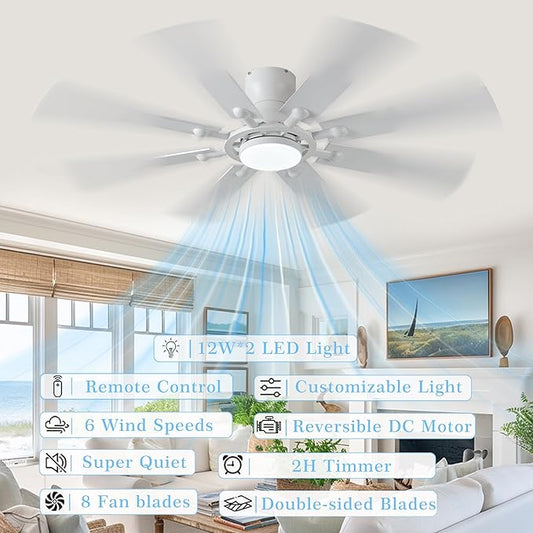 Ceiling Fans with Lights, 54 inch Low Profile Ceiling Fan with Light and Remote Control, Flush Mount Ceiling Fan for Bedroom, Living Room, Reversible, 3CCT, Dimmable, Noiseless DC Motor, White