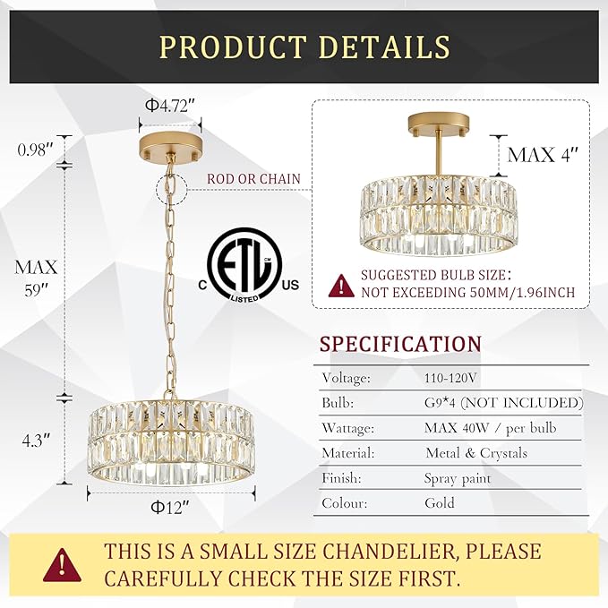 CATINER Small Gold Crystal Chandeliers, Modern Semi Flush Mount Chandelier 4-Light Drum Crystal Ceiling Pendant Light Fixture 12” for Foyer Entryway Kitchen Hallway Dining Room