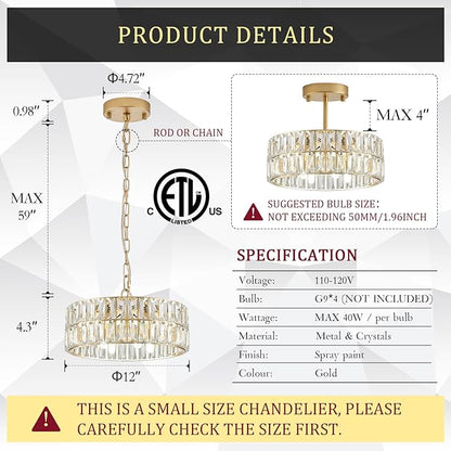 CATINER 3 Pack Small Gold Crystal Chandeliers, 4-Light Modern Semi Flush Mount Chandelier Drum Crystal Ceiling Pendant Light Fixture 12” for Kitchen Hallway Dining Room Foyer Entryway