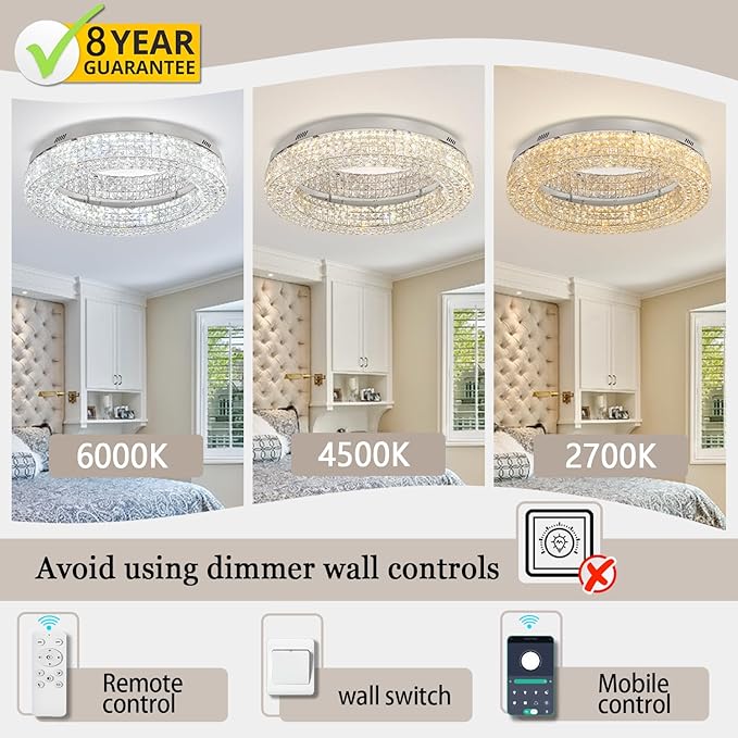 ykolupty 32'' Modern Chandeliers for Living Room Crystal Chandelier Flush Mount Ceiling Light Fixture for Dining Room Living Room Bedroom Dimmable 2700-6000K