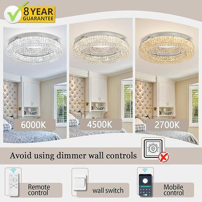 ykolupty 40'' Crystal Chandelier Light Fixture Large Chandelier for Living Room Crystal Flat Mounted Ceiling Lights Dining Room Bedroom Dimmable 2700-6000K