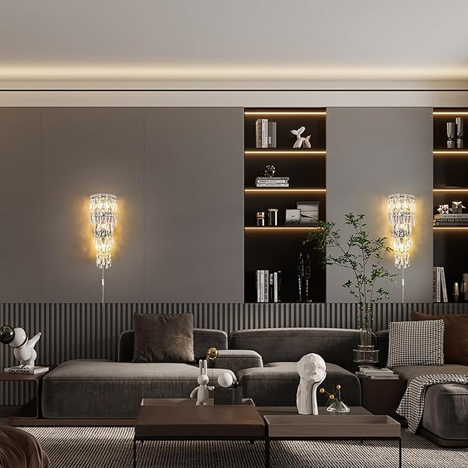Crystal Wall Light Fixtures,Plug in Wall Sconces Luxury Chrome Wall Lamp,K9 Acrylic Crystal Drops Wall Lamp,Elegant Wall Lighting for Bedroom Bathroom Hallway Living Room Mirror Bedside