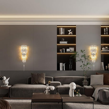 Crystal Wall Light Fixtures,Plug in Wall Sconces Luxury Chrome Wall Lamp,K9 Acrylic Crystal Drops Wall Lamp,Elegant Wall Lighting for Bedroom Bathroom Hallway Living Room Mirror Bedside