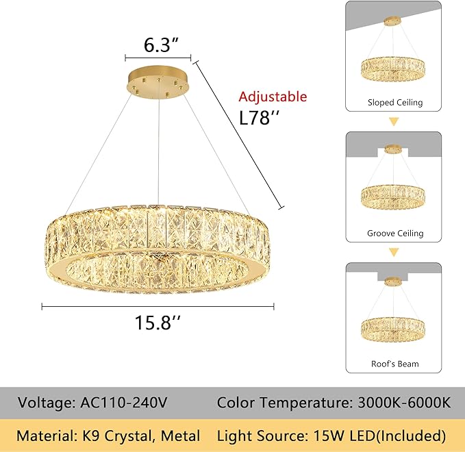 Modern Crystal Chandelier 15W LED Dimmable Lighting Fixture Adjustable Round Pendant Light for Dining Room Living Room Kitchen Bedroom Gold