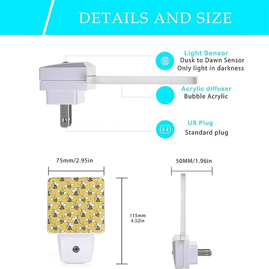 Bee Night Light,Cute Cartoon Bees Plug-in Night Lights with Dusk-to-Dawn Sensor for Bedroom, Bathroom and Living Room Sleep Friendly lamp for Women/Girls/Boys Gift,0.5W