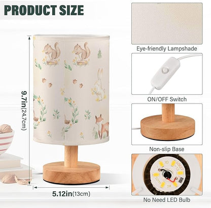 Bedside Table Lamp Woodland Animals Nightstand Lamp with Wood Forest Rabbit Deer Hedgehog Floral Desk Lamps for Bedroom Living Room Nursery Office Home Decor