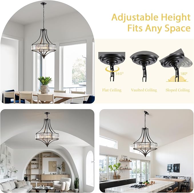 Black Crystal Dining Room Light Fixtures Over Table, Modern Farmhouse Chandelier Light Fixture, Round Large Hanging Light for Living Room Kitchen Hallway Bedroom Foyer, 21.6 Inch, 6-Light