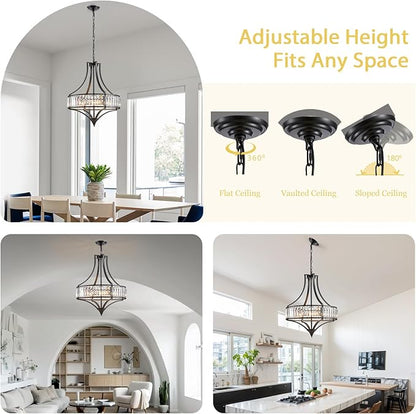 Black Crystal Dining Room Light Fixtures Over Table, Modern Farmhouse Chandelier Light Fixture, Round Large Hanging Light for Living Room Kitchen Hallway Bedroom Foyer, 21.6 Inch, 6-Light