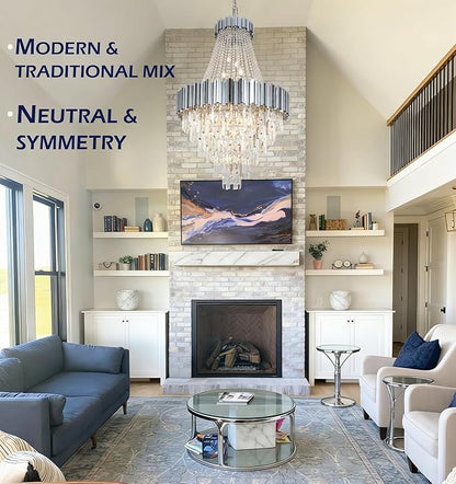 Large Crystal Chandelier for High Ceilings Foyer Entryway Hanging Chandelier Lighting Chrome 30'' Tall