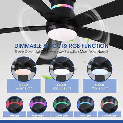 Surtime 52" Black Ceiling Fans with RGB Lights - Flush Mount Ceiling Fan Light with LED 3CCT Dimmable, Modern Low Profile Ceiling Fans for Indoor Party,Covered Outdoor