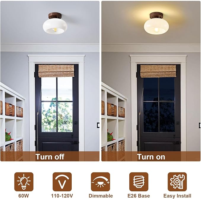WOKNOS Mid-Century Modern Semi Flush Mount Ceiling Light, Faux Walnut Wood Kitchen Light Fixtures with Glass Shade, Mini White Close to Ceiling Lamp for Entryway Hallway Bathroom (8.66 Inch)