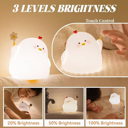 AVEKI Kids Night Lights, Portable Bright Chick Night Light for Nursery and Kids Room, 3 Levels Dimmable Small Touch Lamp, Rechargeable Led Silicone Nightlight for Baby, Little Girl Gifts