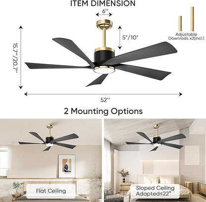 TXCSLY 52'' Ceiling Fans with Lights, Modern Ceiling Fan with Remote Control, Indoor Outdoor Ceiling Fan for Living Room, Bedroom, 5 Blade, 3 Color Temperature, Dimmable (Black & Gold)