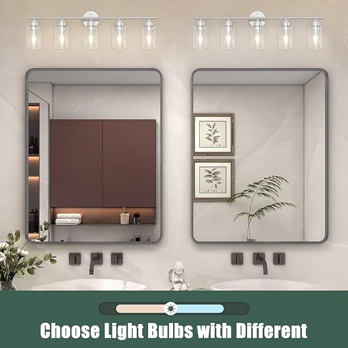Bathroom Vanity Light Fixtures Brushed Nickel Bathroom Lighting Fixture, 5 Lights Bathroom Light Fixture Over Mirror, Modern Black Vanity Light, Wall Sconces with Glass Shades
