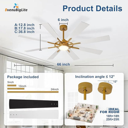 Large Ceiling Fans with Lights: Modern 66 Inch 8 Blade Outdoor Ceiling Fan with Remote APP Control - Dimmable White Gold Big Fan light Indoor Reversible 6 Speed Quiet DC Motor