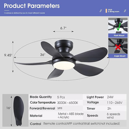 Kviflon 36 Inch Modern Ceiling Fans with Lights, Small Flush Mount Ceiling Fan, Remote/APP Control, 5 Reversible Curved Blades, 6 Speeds, 3 CCT Dimmable Lights for Kids Room Bedroom, Black