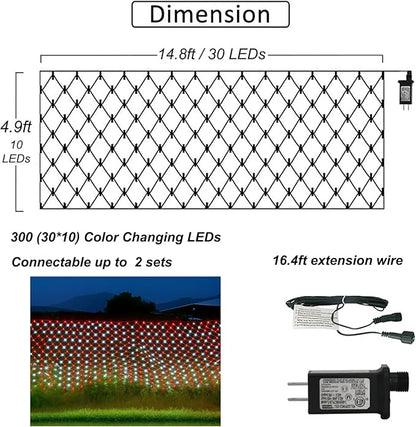 Pooqla Christmas Net Lights, 300LED Outdoor Net Mesh Lights, 14.8x4.9 ft Fairy String Lights 8 Modes Green Wire, Connectable Waterproof Decorative for Bushes Tree Garden Christmas, Red and White