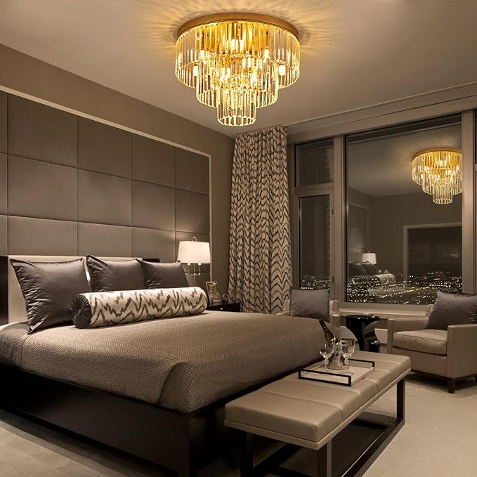 10-Light Gold Crystal Ceiling Light 21.65" Modern Crystal Ceiling Light Fixture 3-Tier Luxury K9 Crystal Flush Mount for Dining Room Kitchen Island Living Room Bedroom Entryway