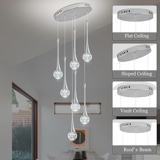 Modern Chrome Crystal Chandelier for Kitchen Island 7-Lights, Luxury Spiral Dimmable LED Bubble Raindrop Pendant Lighting Fixture for Dining Room Foyer Entryway Bedroom