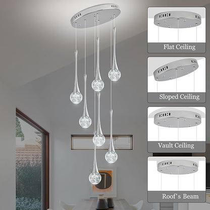 Modern Chrome Crystal Chandelier for Kitchen Island 7-Lights, Luxury Spiral Dimmable LED Bubble Raindrop Pendant Lighting Fixture for Dining Room Foyer Entryway Bedroom
