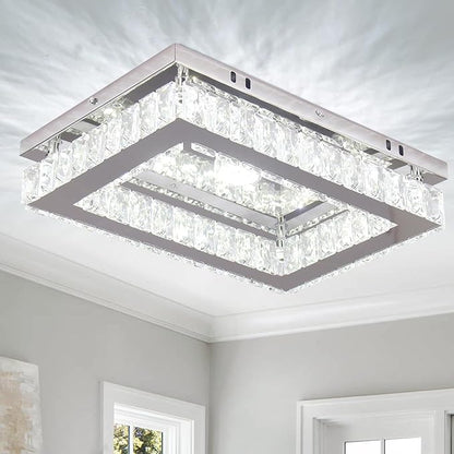 Finktonglan Crystal LED Flush Mount Ceiling Light, 11.8"×9.1" Rectangular Close to Ceiling Light, K9 Crystal & Mirror Stainless Steel, 20W 6000–6500K Cool White, Non-Dimmable