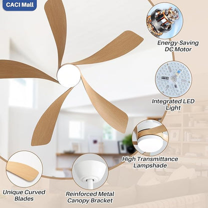 CACI Mall 52 Inch Ceiling Fans with Lights and Remote, modern, Outdoor ceiling fan with 6-Speed, 5 Blades, 2 Downrods, 3 CCT, Timer, Quiet Reversible DC Motor for Living Room, Bedroom, Patios