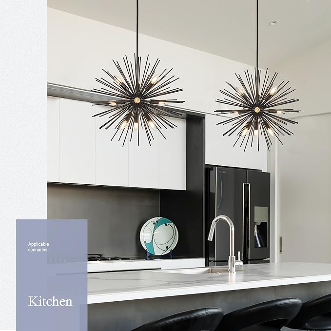 23.6" 9-Light Black Sputnik Chandelier Modern Industrial Adjustable Firework Globe Ceiling Fixture for Living Room, Entryway, Dining, Bedroom, Hallway, Stairway