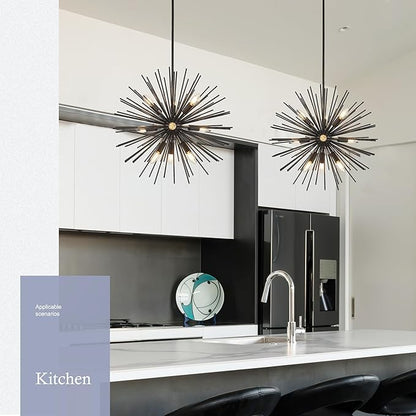 23.6" 9-Light Black Sputnik Chandelier Modern Industrial Adjustable Firework Globe Ceiling Fixture for Living Room, Entryway, Dining, Bedroom, Hallway, Stairway