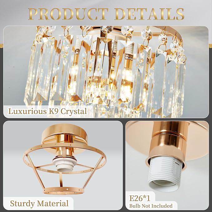 Mini Crystal Chandelier,Gold Crystal Chandeliers,2-Tier Semi Flush Mount Chandelier Pendant Lighting Fixture for Living Room Dining Room Foyer Bedroom Hallway E26 Base