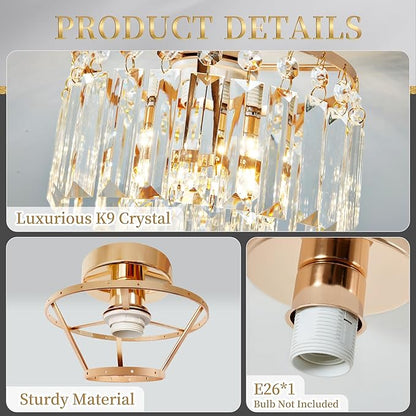 Mini Crystal Chandelier,Gold Crystal Chandeliers,2-Tier Semi Flush Mount Chandelier Pendant Lighting Fixture for Living Room Dining Room Foyer Bedroom Hallway E26 Base