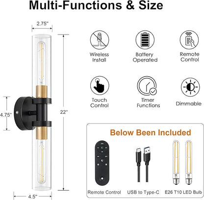 SANTOSTOCK Battery Operated Wall Sconce Set of 2, 12000mAh Rechargeable Wall Lights with Remote Control, Wireless Dimmable Wall Lamps for Bedroom Living Room Bathroom Hallway Stairwell, Black & Gold