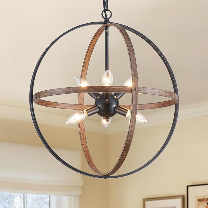 XINGQI Vintage Globe Chandelier Orb Pendant Lighting Fixtures,6-Light Sphere Lights Over Island 19.7" Black and Wood Grain Finish Chandeliers for Dining Room,Kitchen,Living Room