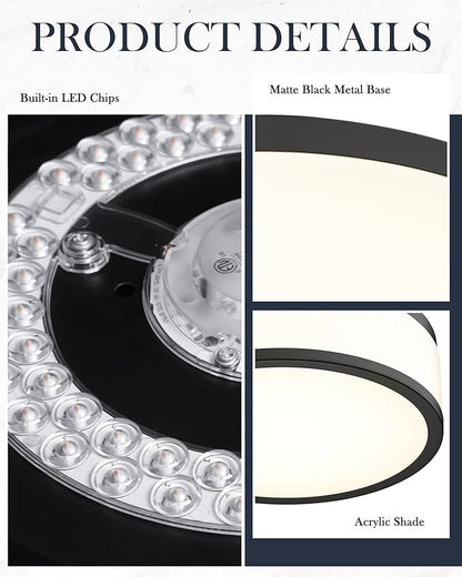 LED Flush Mount Ceiling Light, 15 inch, 24W Dimmable 3000K 4000K 5000K Matte Black Modern Round Ceiling Light Fixture for Kitchen, Hallway, Bathroom, Stairwell, LMS-054