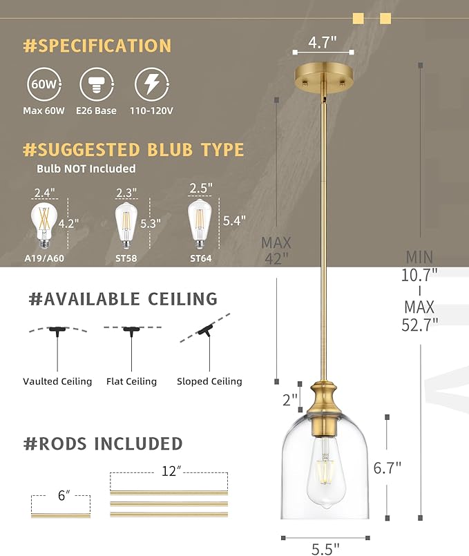 AUTELO 2-Pack Brushed Gold Pendant Lights Kitchen Island, Island Pendant Lights for Kitchen with Clear Cylinder Glass, Glass Pendant Lights with Adjustable Rods, H2511 CLBG 2PK