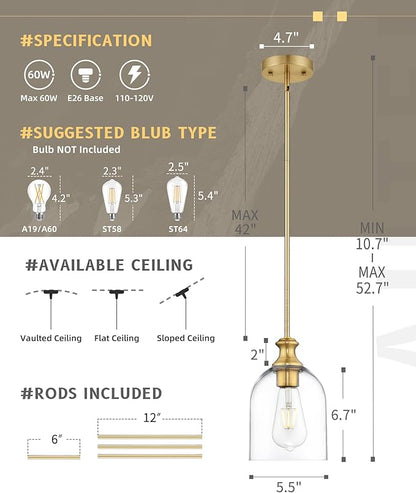 AUTELO 2-Pack Brushed Gold Pendant Lights Kitchen Island, Island Pendant Lights for Kitchen with Clear Cylinder Glass, Glass Pendant Lights with Adjustable Rods, H2511 CLBG 2PK