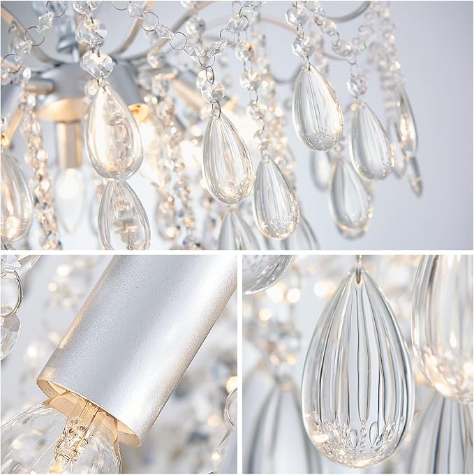 WUZUPS 6-Light Crystal Chandelier Pendant Ceiling Light Modern Lighting Fixture for Bedroom Hallway Bar Kitchen Bathroom, H 25.6" W21.7, E12 Base, Silver